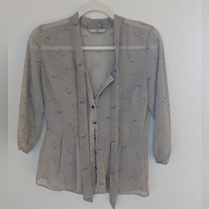 Sheer Button-Up Blouse with Tie